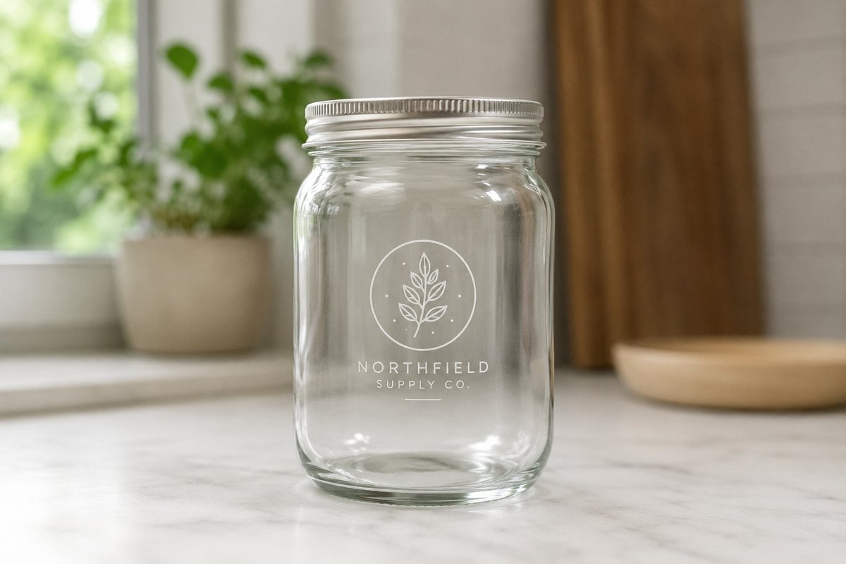 Transparent clear vinyl sticker printed with an invented brand logo applied to a glass jar