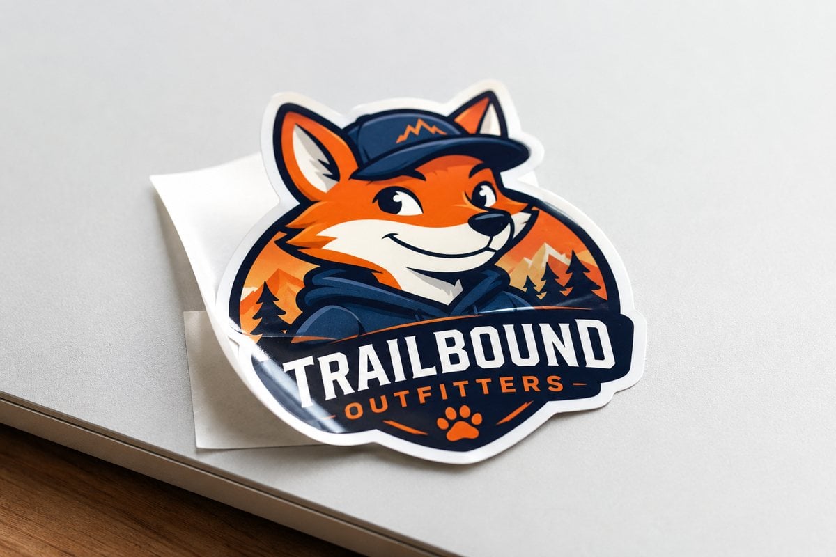 Full-color die-cut vinyl sticker cut to the exact shape of an invented brand logo on a laptop