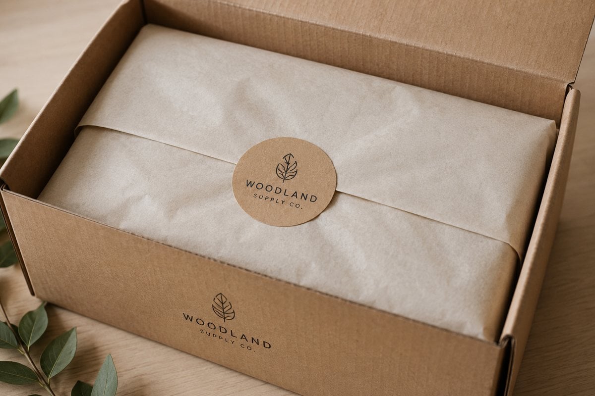 Matte kraft paper sticker printed with an invented brand logo sealing a recyclable box
