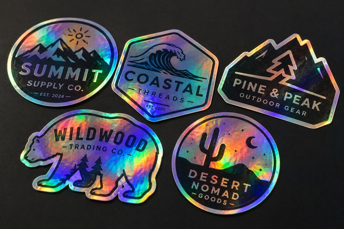 Die-cut holographic sticker with rainbow shimmer printed with an invented brand logo