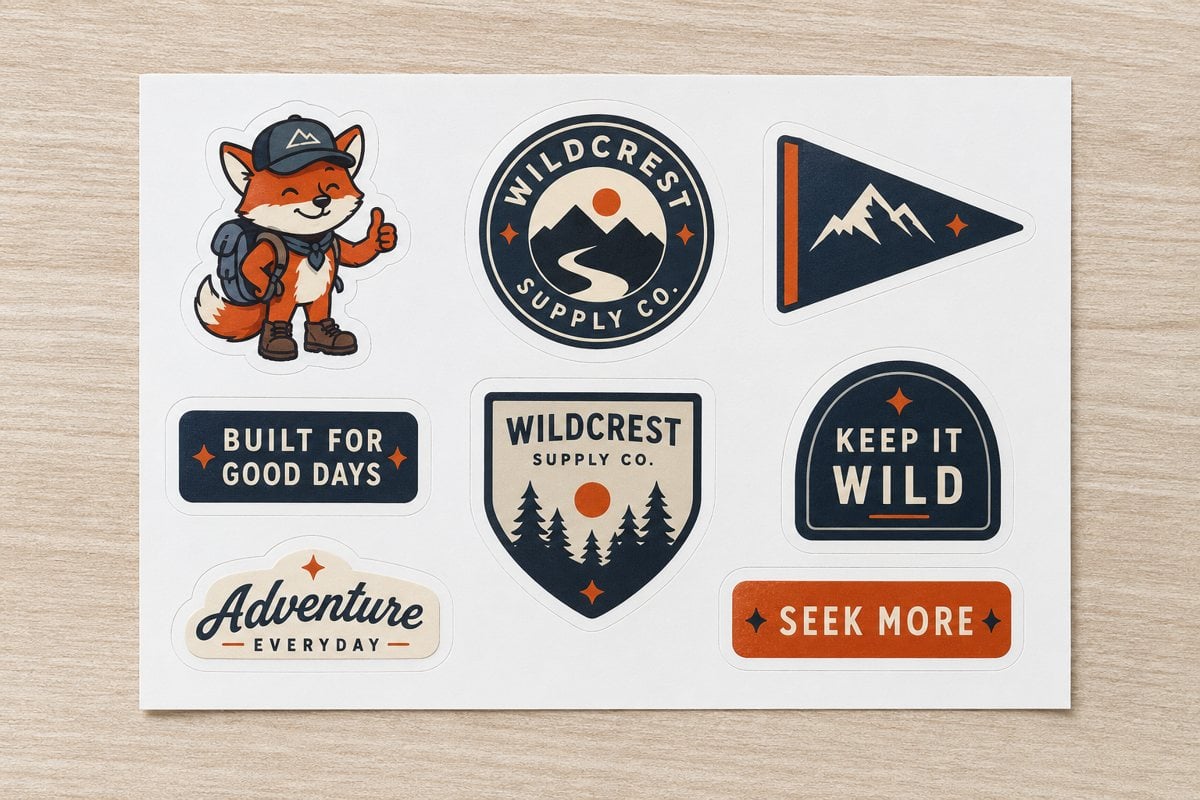 Kiss-cut sticker sheet holding several die-cut stickers of an invented brand on one backing