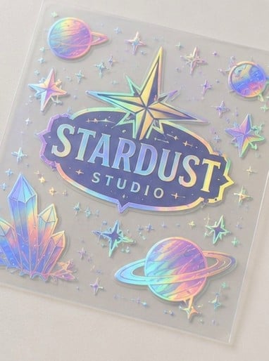 Die-cut holographic sticker with rainbow shimmer printed with an invented brand logo