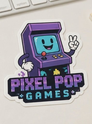 Full-color die-cut vinyl sticker cut to the exact shape of an invented brand logo on a laptop