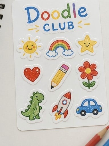 Kiss-cut sticker sheet holding several die-cut stickers of an invented brand on one backing