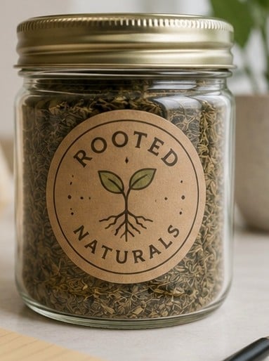Matte kraft paper sticker printed with an invented brand logo sealing a recyclable box