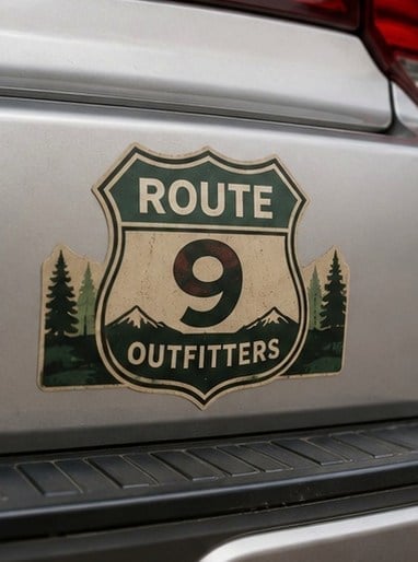 Weatherproof rectangular bumper sticker printed with an invented brand slogan on a car